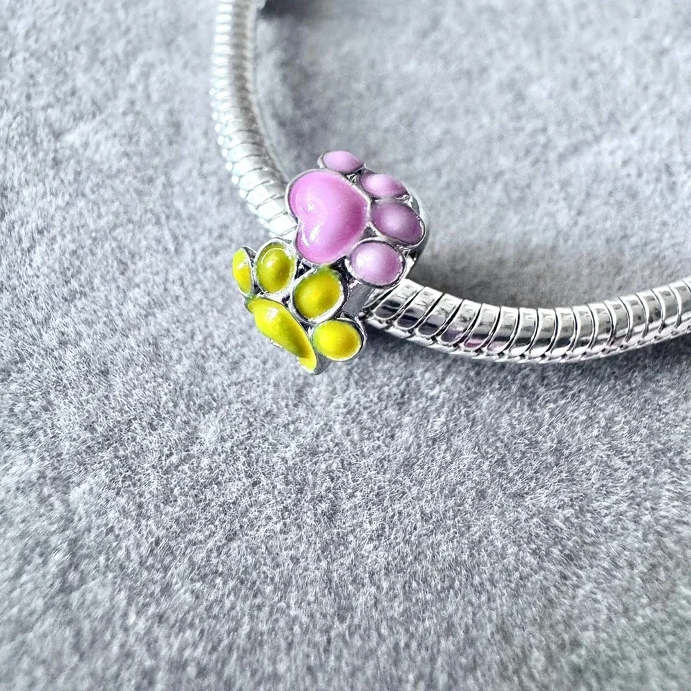 Pink Yellow Paw Print Bead Charm fits PANDORA